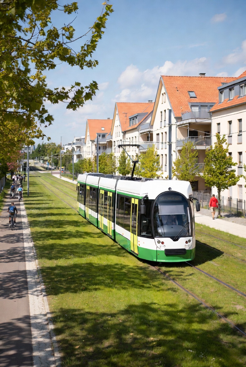 Ligne de tram Luxembourg traversant un quartier résidentiel montrant le développement urbain
