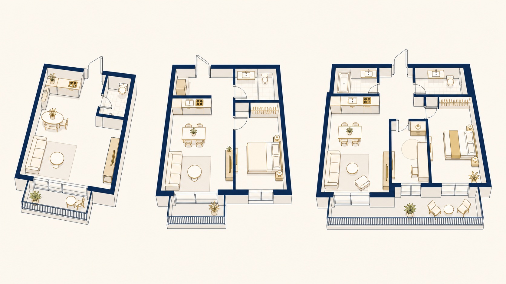 Comparison of studio, one-bedroom and two-bedroom apartment layouts showing rental yield differences in Luxembourg