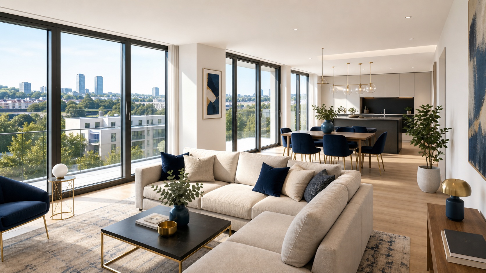 Modern new build apartment interior in Luxembourg with open-plan living area and large windows