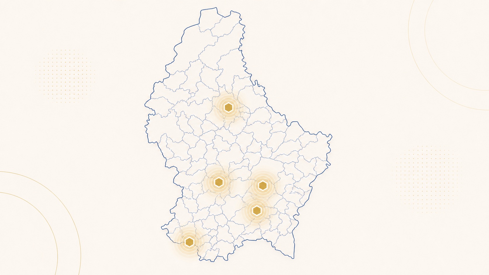 Mappa del Lussemburgo che evidenzia le migliori aree per la crescita immobiliare 2026-2030, mostrando il corridoio meridionale, Hollerich, Bonnevoie ed Ettelbruck