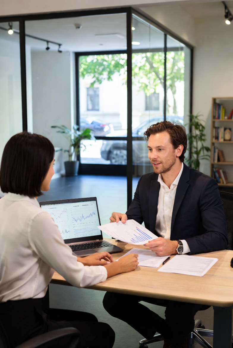 Conseiller financier expliquant les options de prêt hypothécaire à un couple dans une banque luxembourgeoise