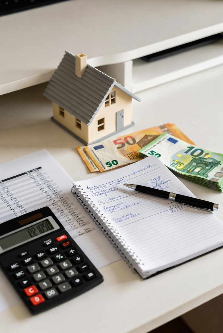 Planification budgétaire de prêt immobilier avec calculatrice et documents d'amortissement