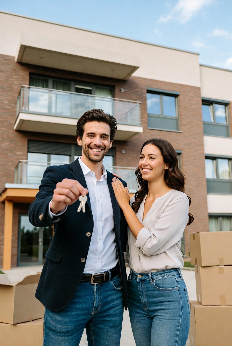 Couple heureux tenant les clés de leur nouvel appartement au Luxembourg