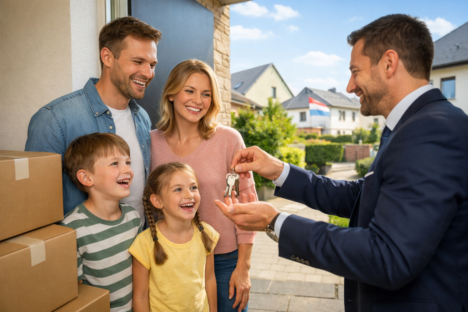 Famille heureuse recevant les clés de leur nouveau logement au Luxembourg