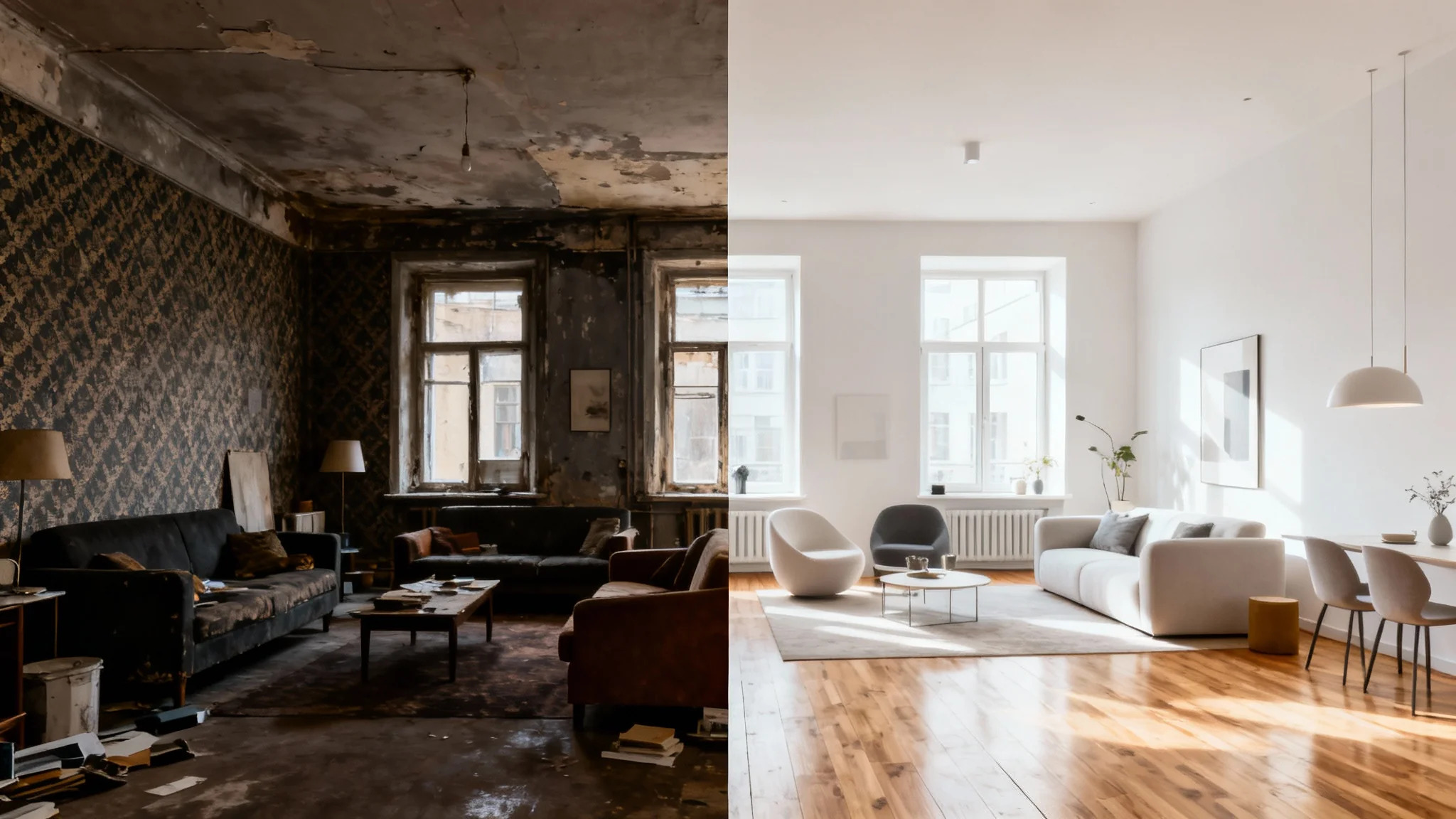 Avant et après rénovation d'un appartement au Luxembourg montrant la création de valeur