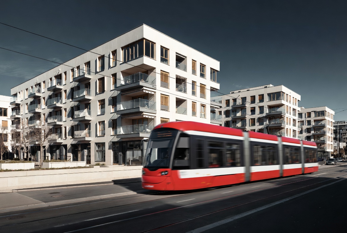 Luxembourg tram passing through residential neighbourhood with modern apartments in Bonnevoie and Gasperich