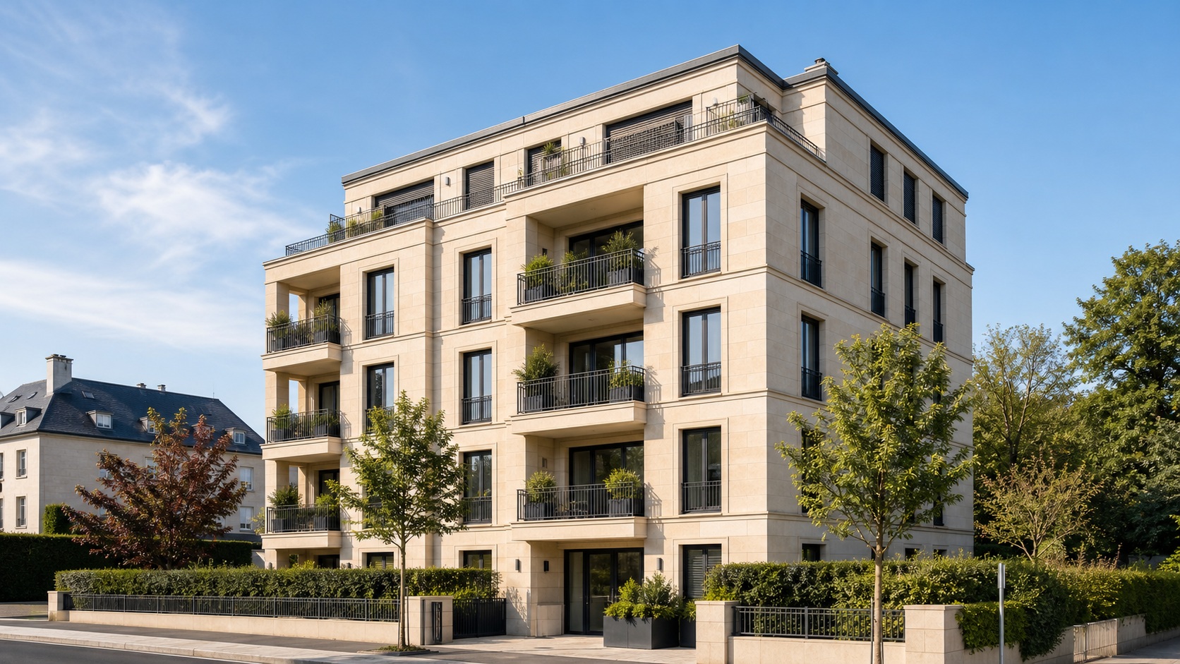 Exterior of a well-maintained apartment building in Luxembourg with professional syndic management