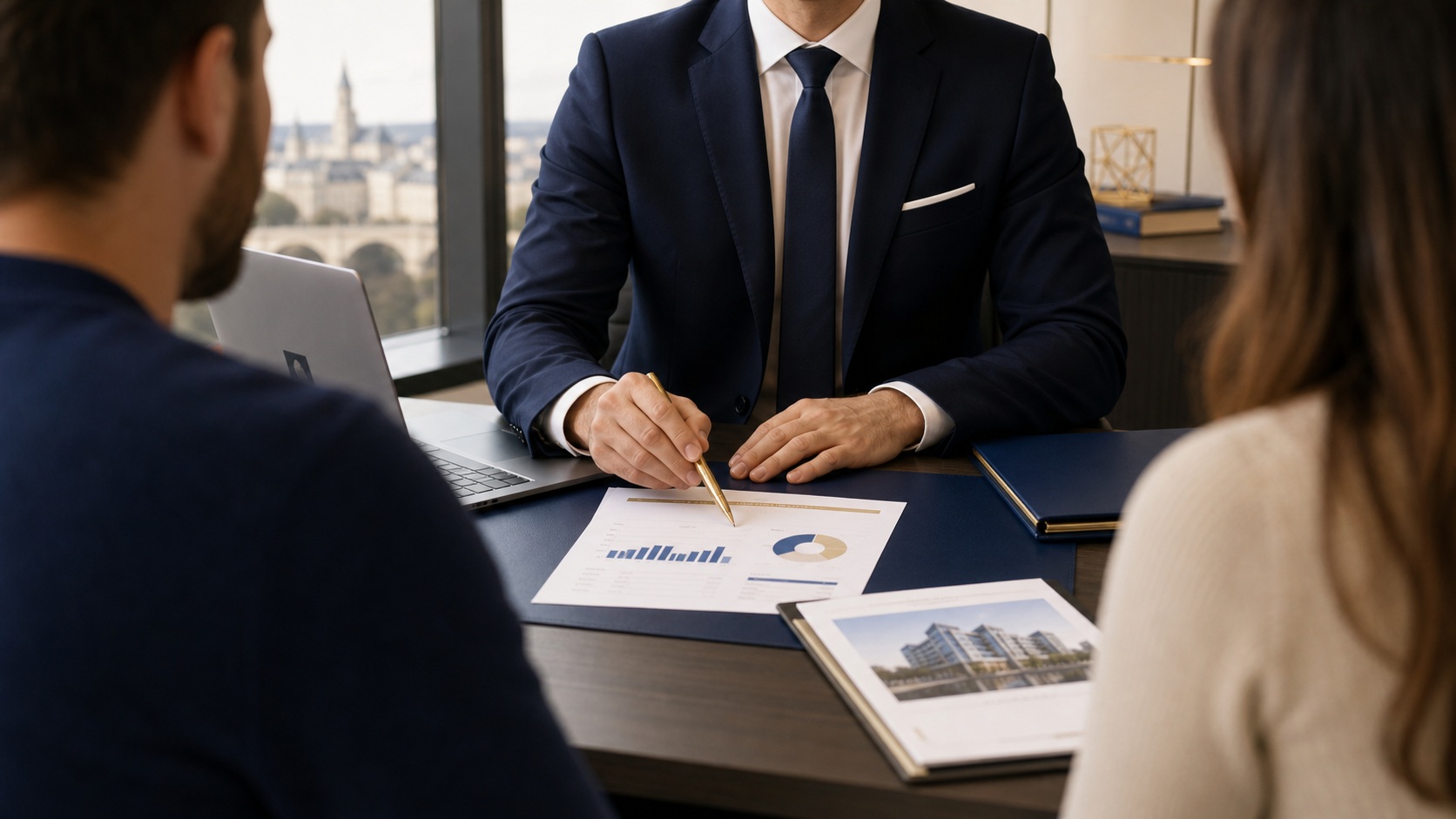 Couple meeting with a mortgage advisor in Luxembourg discussing pre-approval documents
