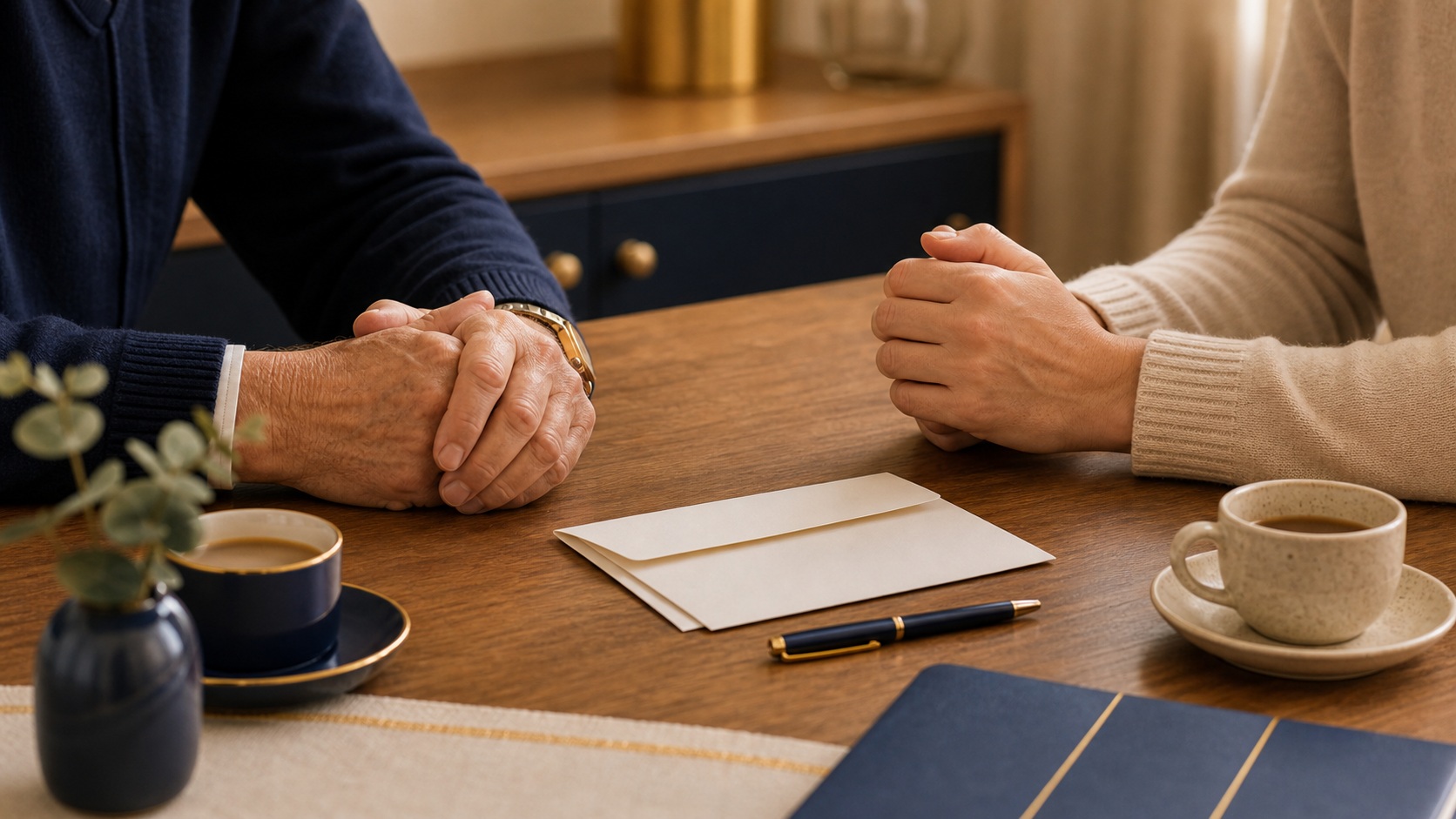 Family discussing financial gift for a property deposit around a dining table